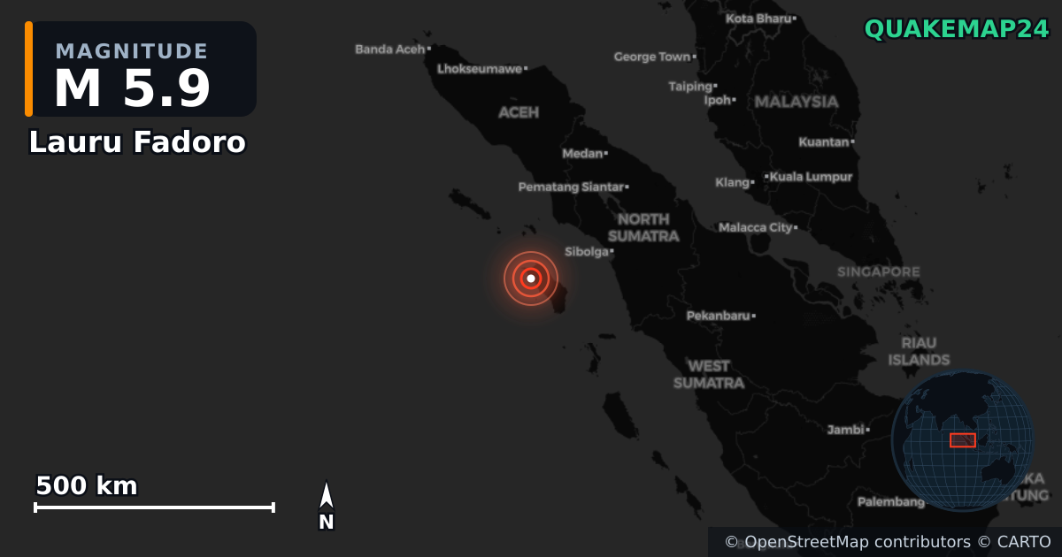 M5.9 earthquake near Lauru Fadoro on Apr 18, 2026 — map of epicenter and shaking intensity | QuakeMap24