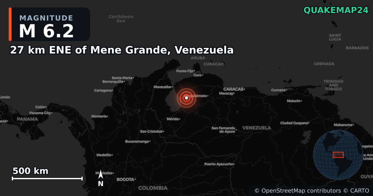M6.2 earthquake near 27 km ENE of Mene Grande, Venezuela on Sep 25, 2025 — map of epicenter and shaking intensity | QuakeMap24
