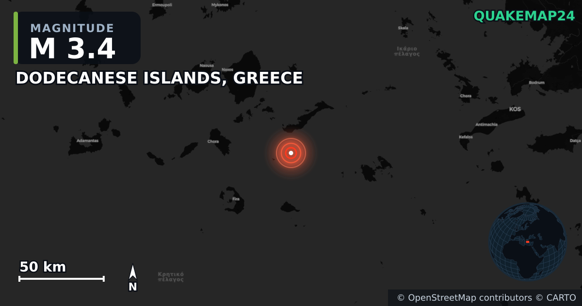 M3.4 earthquake near DODECANESE ISLANDS, GREECE on Jun 28, 2025 — map of epicenter and shaking intensity | QuakeMap24