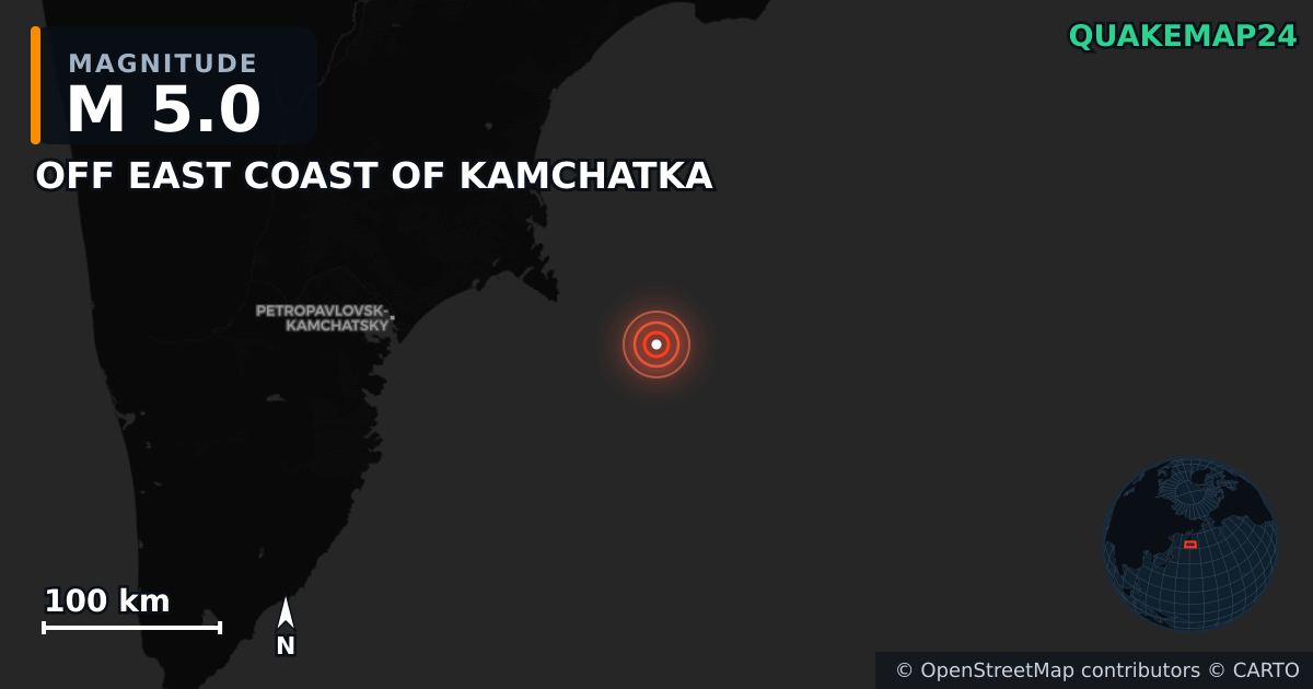 M5.0 earthquake near OFF EAST COAST OF KAMCHATKA on Jul 20, 2025 — map of epicenter and shaking intensity | QuakeMap24