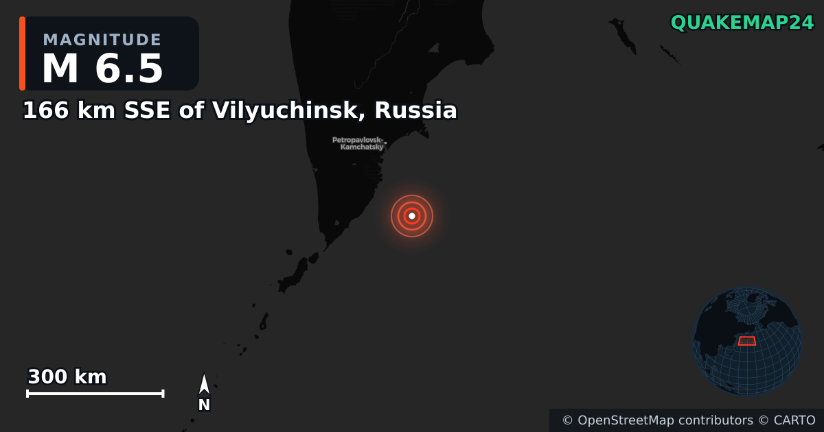 M6.5 earthquake near 166 km SSE of Vilyuchinsk, Russia on Aug 6, 2025 — map of epicenter and shaking intensity | QuakeMap24