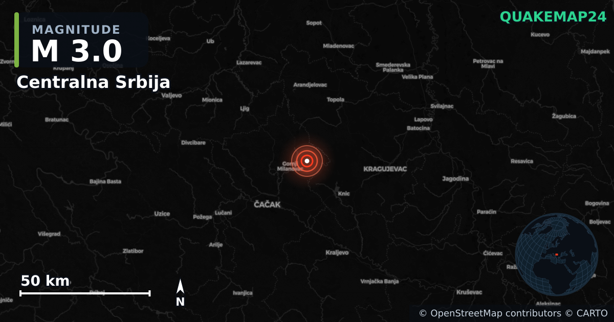 M3.0 earthquake near Centralna Srbija on Jul 15, 2025 — map of epicenter and shaking intensity | QuakeMap24