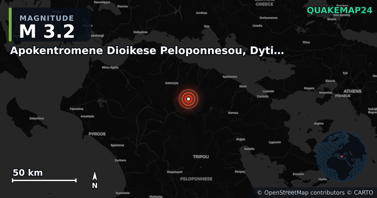 M3.2 earthquake near Apokentromene Dioikese Peloponnesou, Dytikes Elladas kai Ioniou on Jul 25, 2025 — map of epicenter and shaking intensity | QuakeMap24
