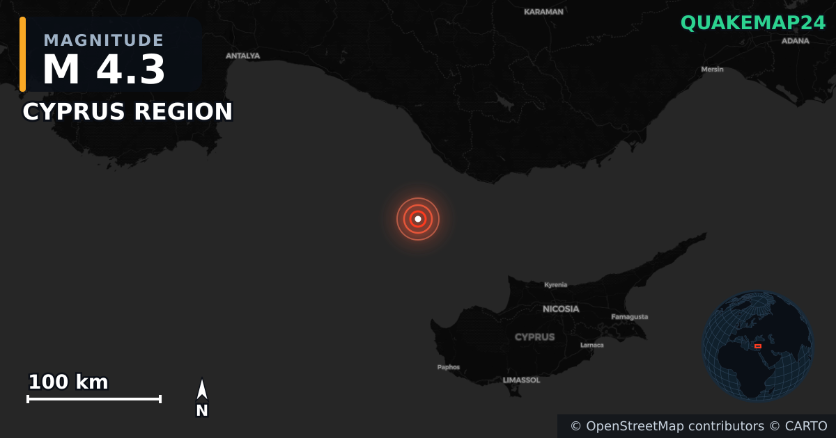 M4.3 earthquake near CYPRUS REGION on Jun 5, 2025 — map of epicenter and shaking intensity | QuakeMap24