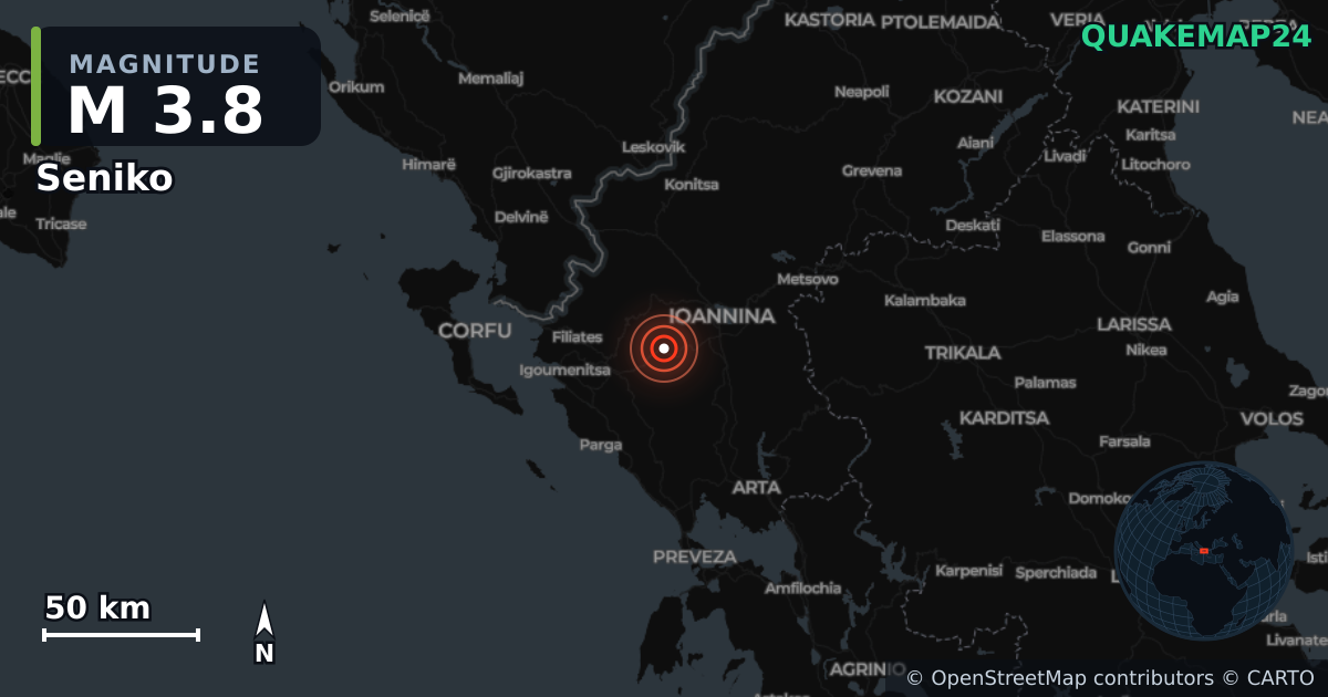 M3.8 Earthquake near Seniko, Epirus (Greece) · 2026-06-20 — Map showing the location of the epicenter