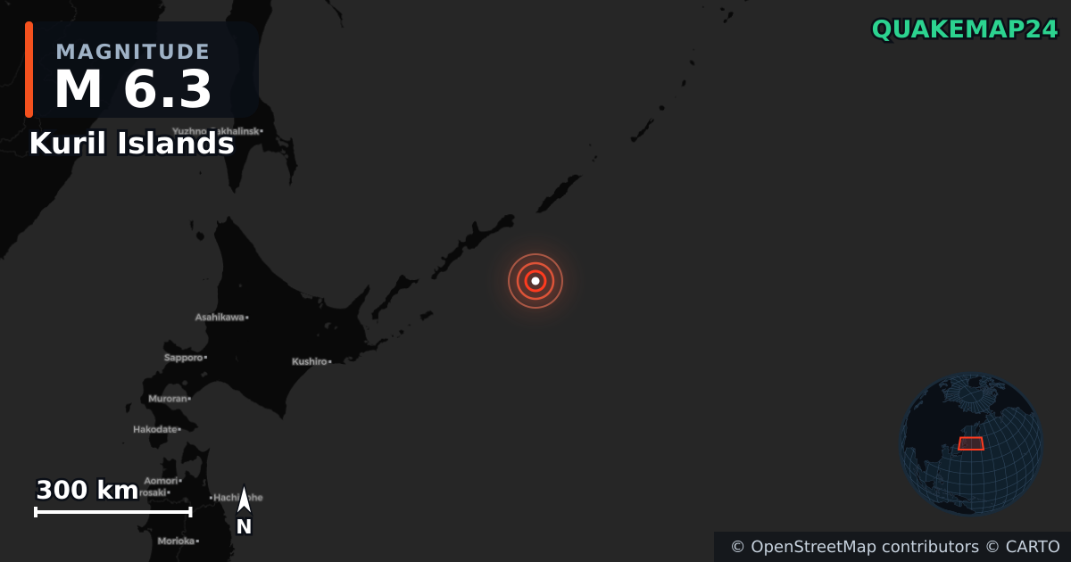 M6.3 earthquake near Kuril Islands on Jan 13, 2026 — map of epicenter and shaking intensity | QuakeMap24