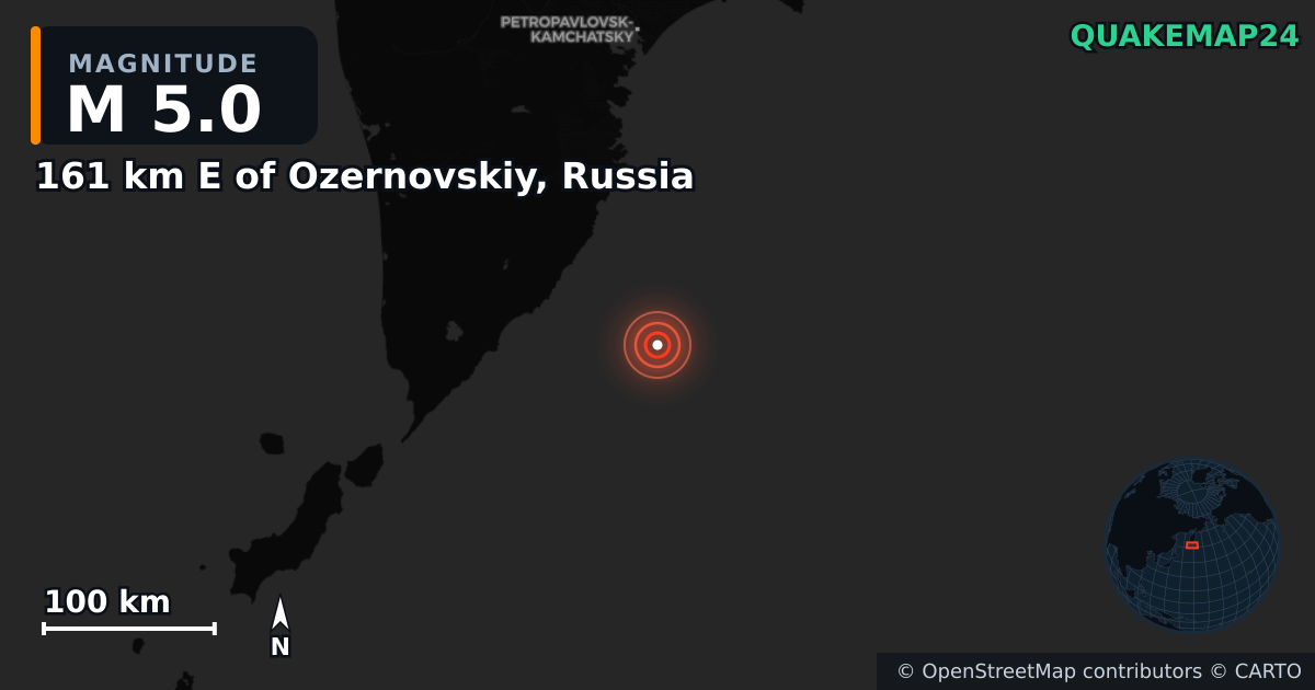 M5.0 earthquake near 161 km E of Ozernovskiy, Russia on Jul 30, 2025 — map of epicenter and shaking intensity | QuakeMap24