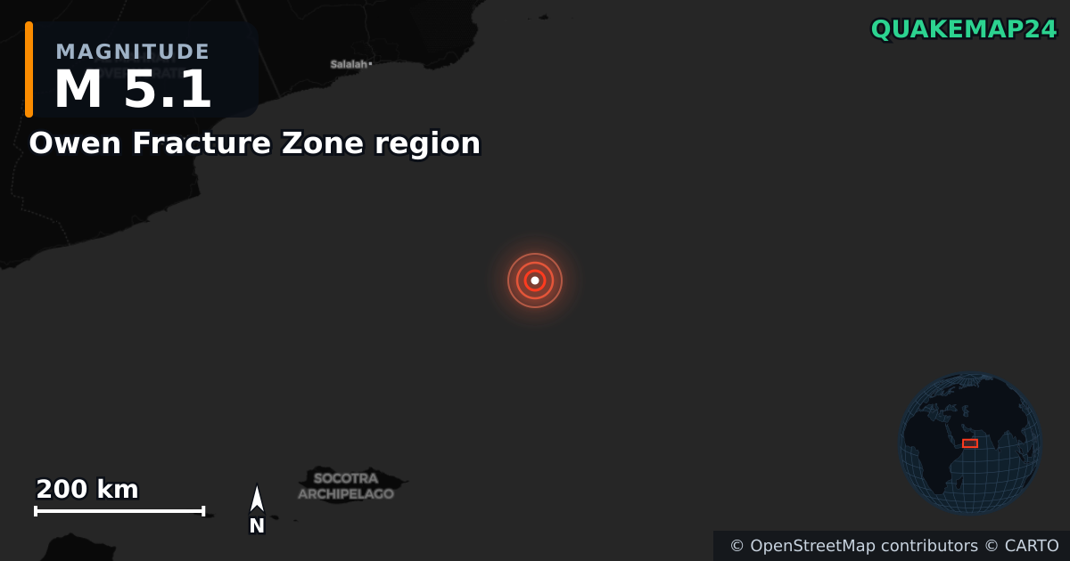 Terremoto de M5,1 cerca de Owen Fracture Zone region · 2025-07-18 — Mapa de la ubicación del epicentro