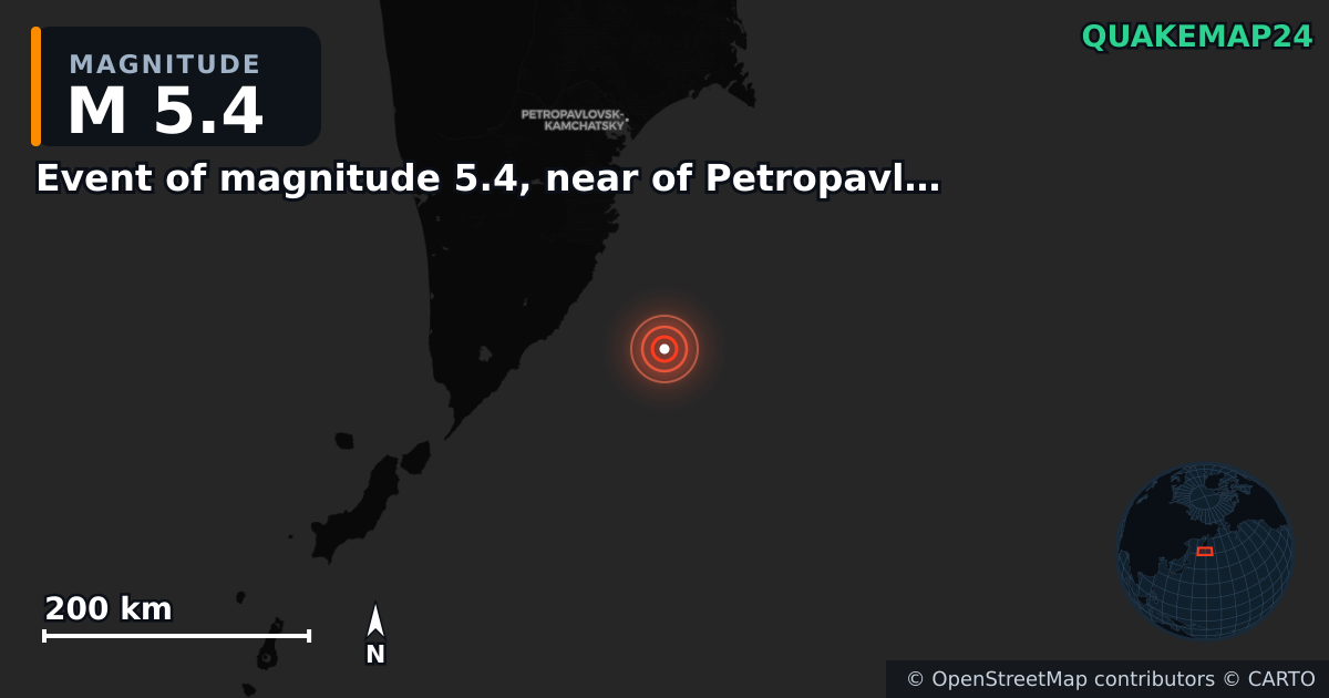 M5.4 earthquake near Event of magnitude 5.4, near of Petropavlovsk Kamchatskiy (Monde) on Jan 28, 2026 — map of epicenter and shaking intensity | QuakeMap24