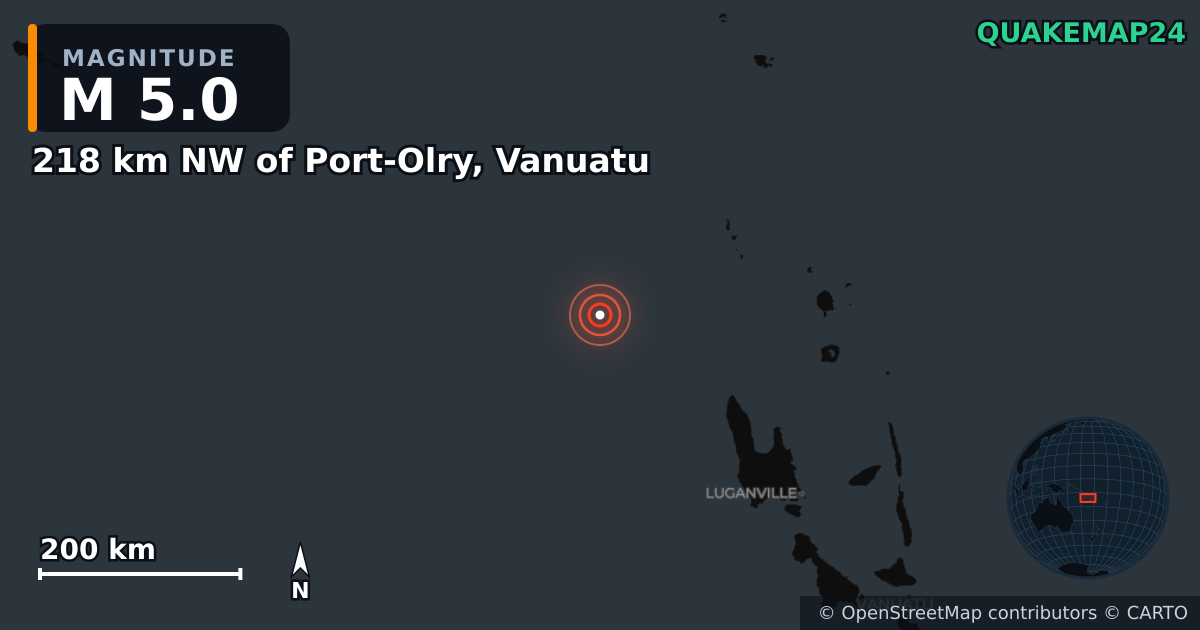 M5.0 Earthquake near 218 km NW of Port-Olry, Vanuatu · 2026-10-26 — Map showing the location of the epicenter