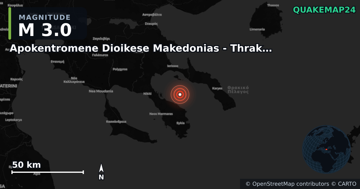 M3.0 earthquake near Apokentromene Dioikese Makedonias - Thrakes on May 24, 2025 — map of epicenter and shaking intensity | QuakeMap24