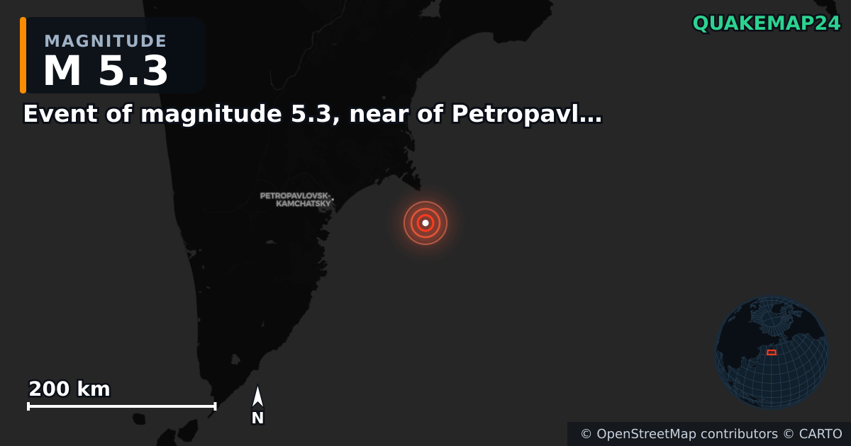 M5.3 earthquake near Event of magnitude 5.3, near of Petropavlovsk Kamchatskiy (Monde) on Sep 2, 2025 — map of epicenter and shaking intensity | QuakeMap24