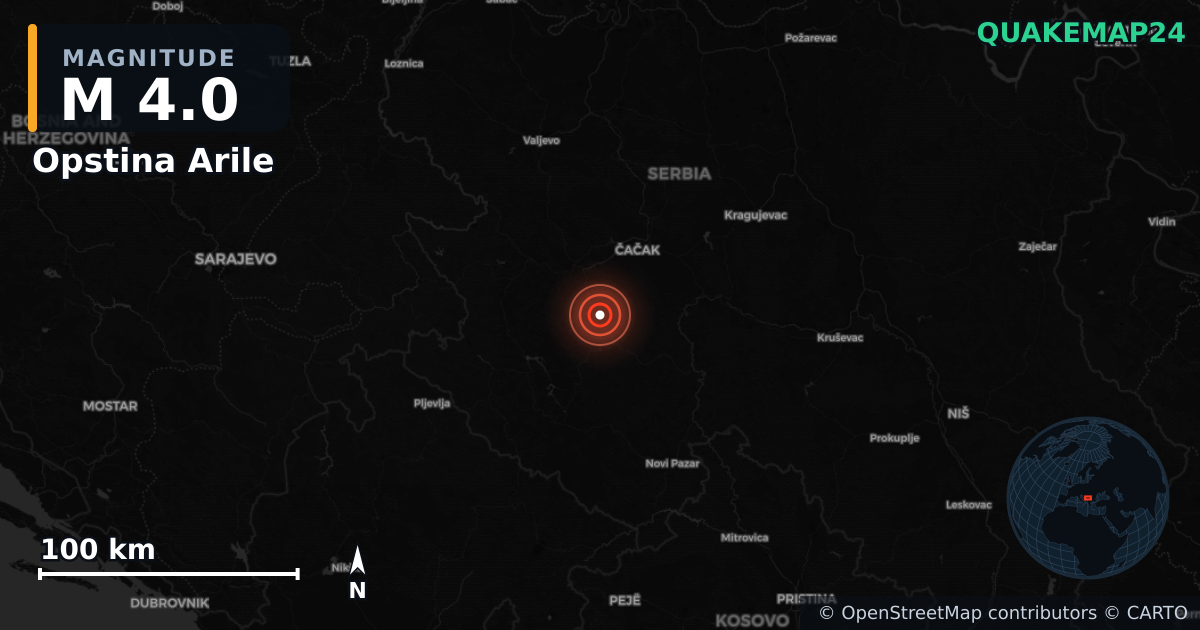 M4.0 earthquake near Opstina Arile on Sep 5, 2025 — map of epicenter and shaking intensity | QuakeMap24
