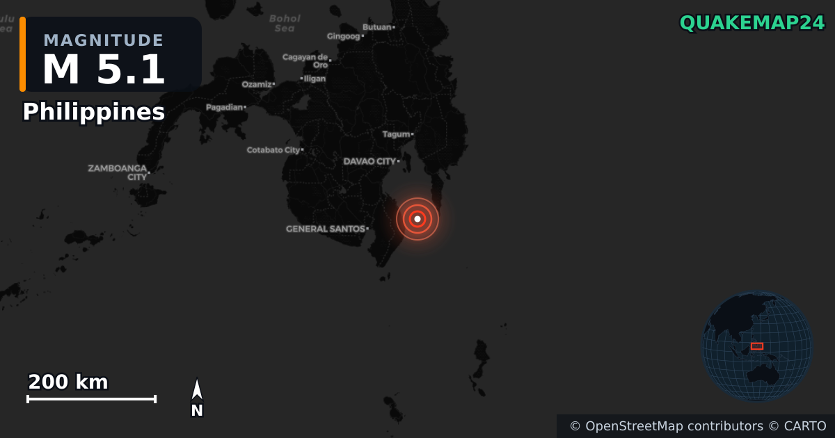 M5.1 earthquake near Philippines on Aug 13, 2026 — map of epicenter and shaking intensity | QuakeMap24