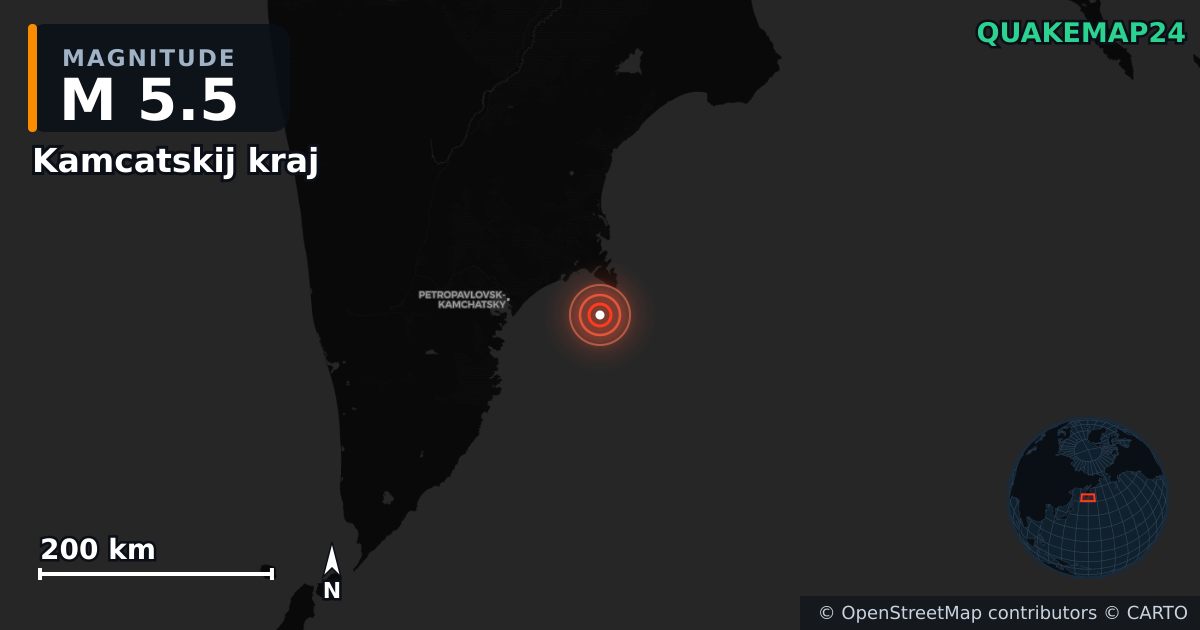 M5.5 earthquake near Kamcatskij kraj on Sep 19, 2025 — map of epicenter and shaking intensity | QuakeMap24