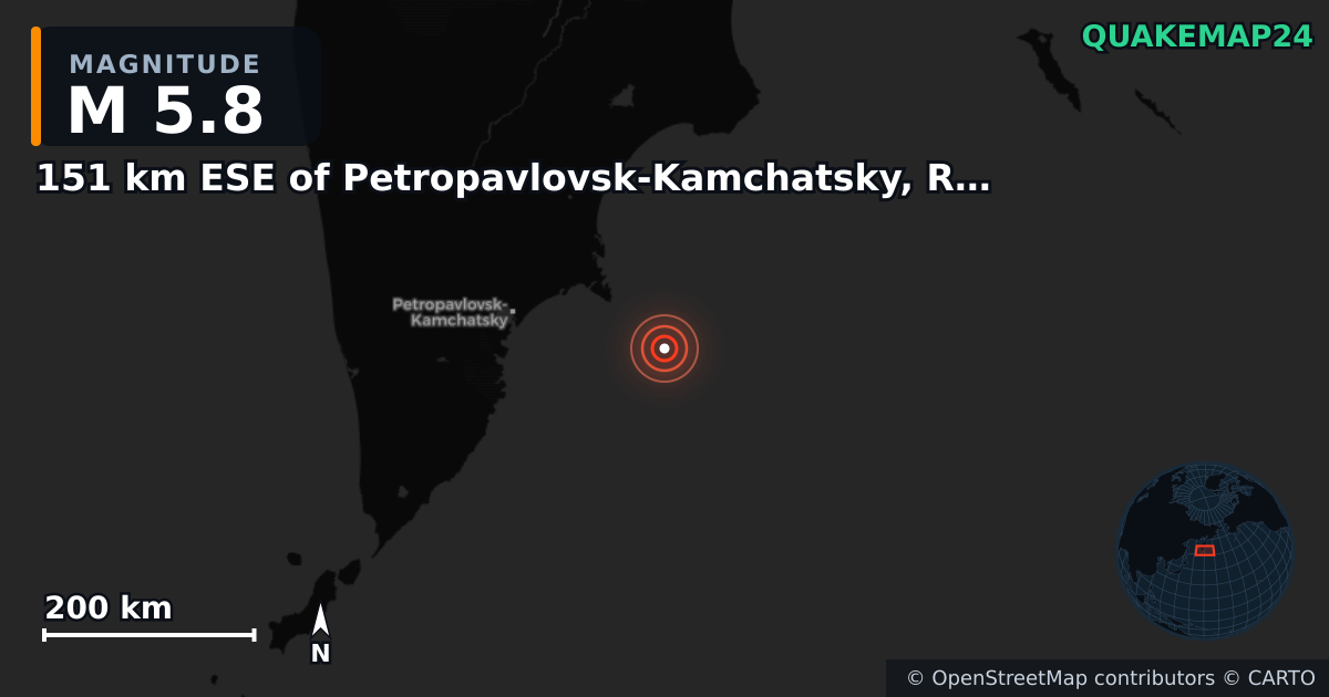 M5.8 earthquake near 151 km ESE of Petropavlovsk-Kamchatsky, Russia on Jul 31, 2025 — map of epicenter and shaking intensity | QuakeMap24