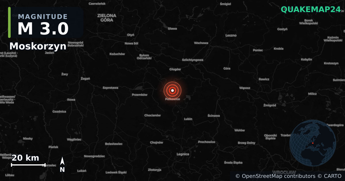 M3.0 earthquake near Moskorzyn on Sep 25, 2025 — map of epicenter and shaking intensity | QuakeMap24