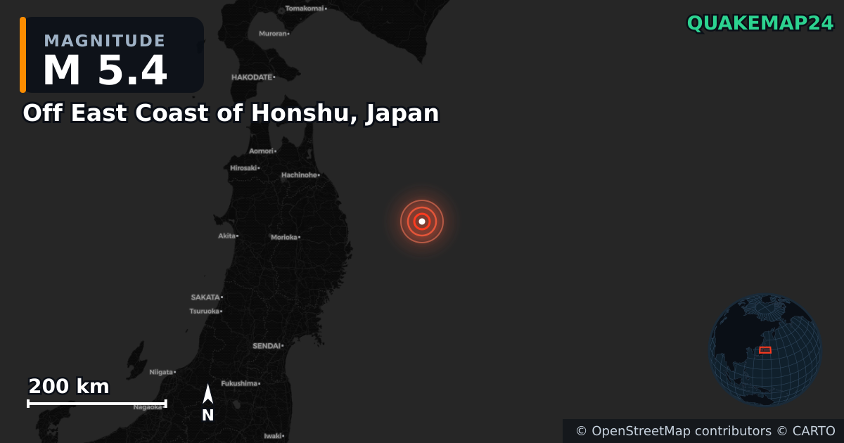 Sismo de M5,4 perto de Off East Coast of Honshu, Japan — Mapa da localização do epicentro