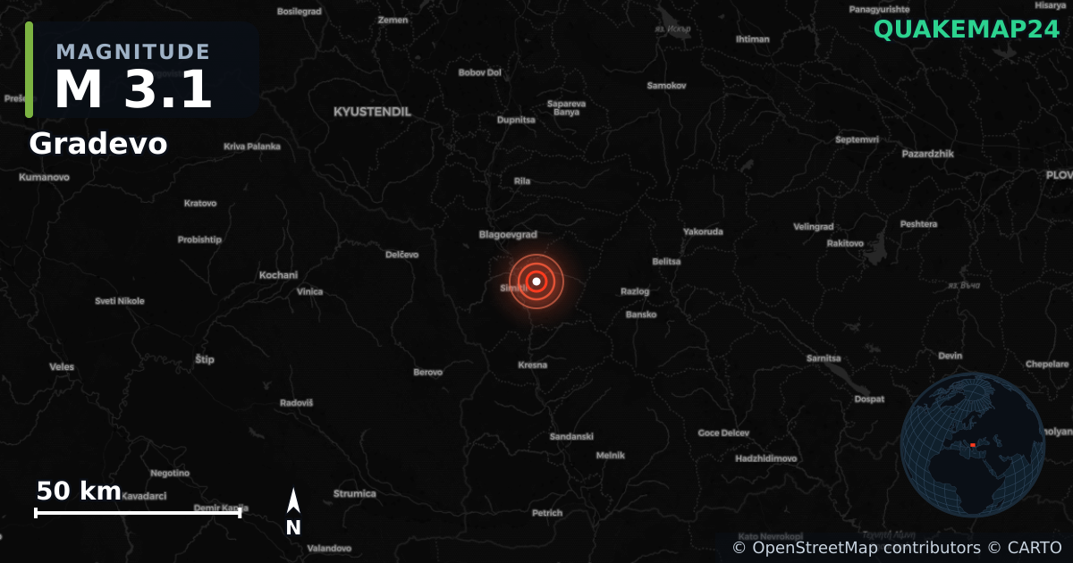 M3.1 earthquake near Gradevo on Jan 2, 2026 — map of epicenter and shaking intensity | QuakeMap24