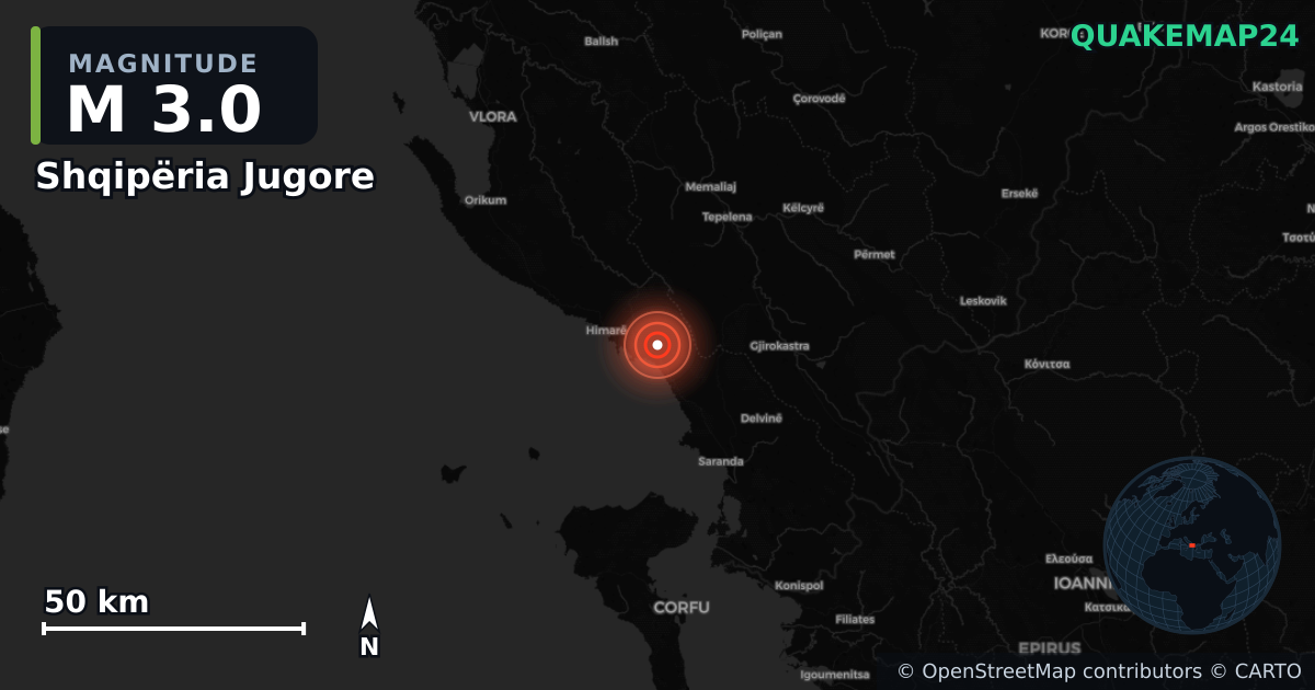 M3.0 earthquake near Shqipëria Jugore on Nov 7, 2025 — map of epicenter and shaking intensity | QuakeMap24