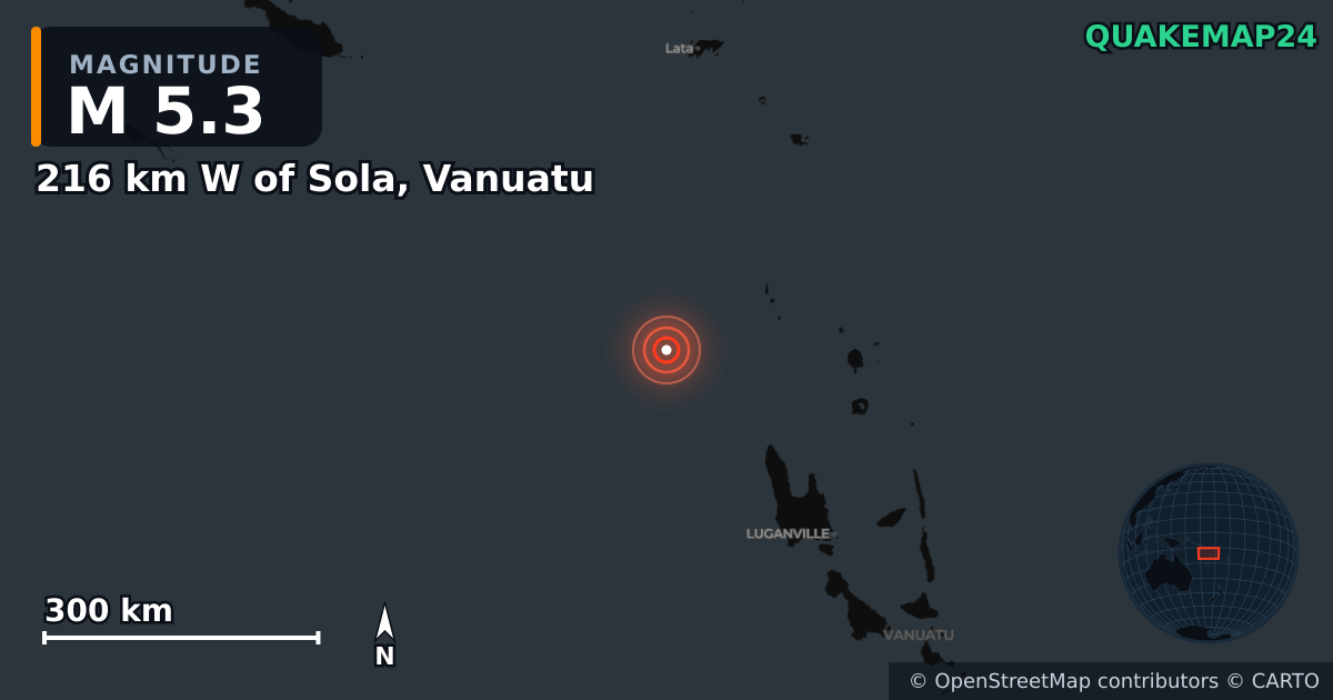 M5.3 Earthquake near 216 km W of Sola, Vanuatu · 2026-10-24 — Map showing the location of the epicenter