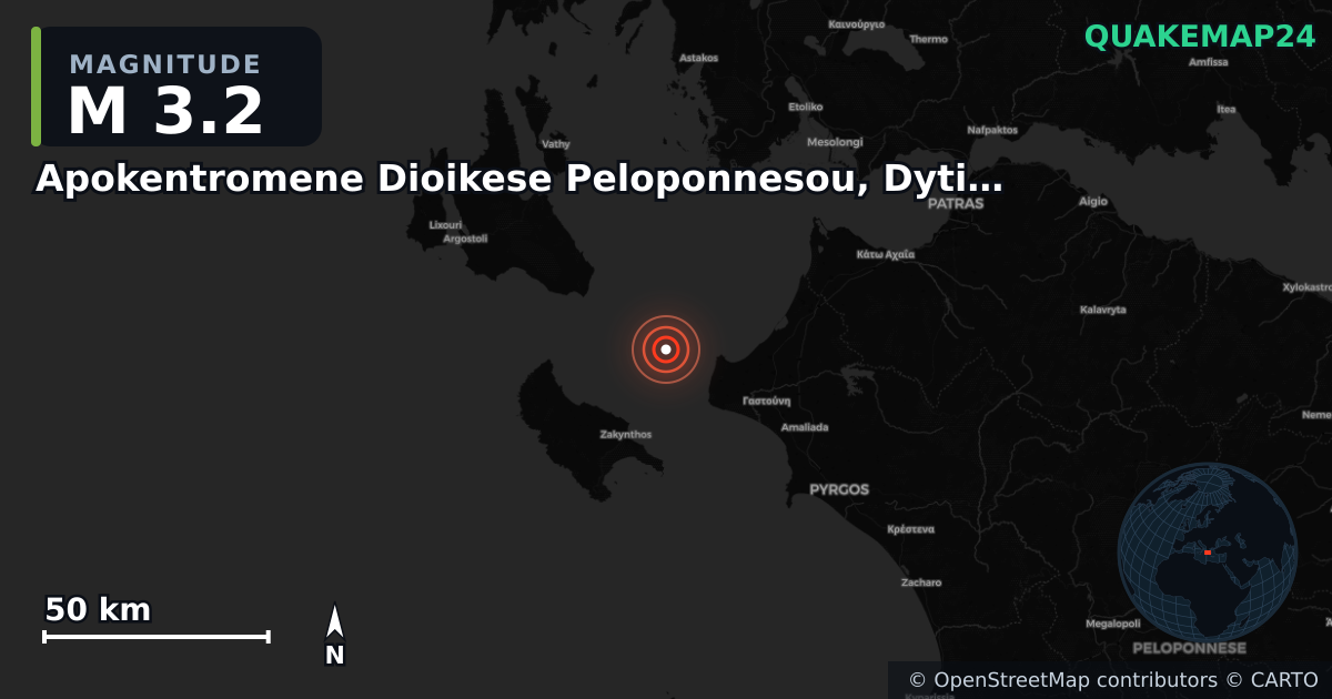 M3.2 earthquake near Apokentromene Dioikese Peloponnesou, Dytikes Elladas kai Ioniou on Oct 21, 2025 — map of epicenter and shaking intensity | QuakeMap24