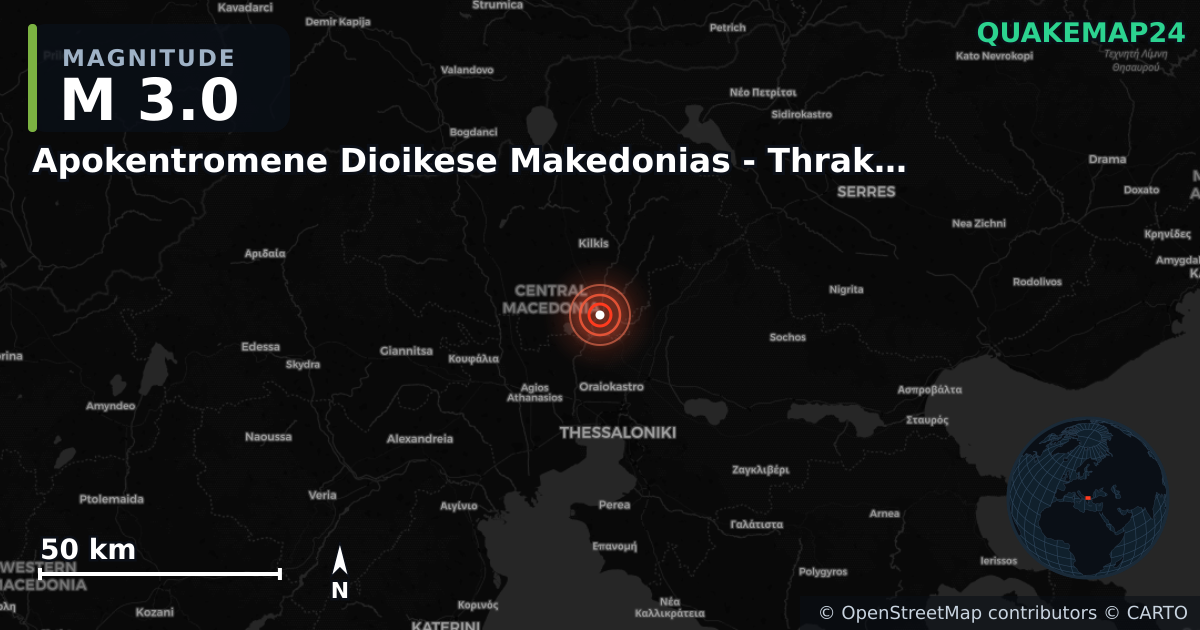 M3.0 earthquake near Apokentromene Dioikese Makedonias - Thrakes on Jun 28, 2025 — map of epicenter and shaking intensity | QuakeMap24