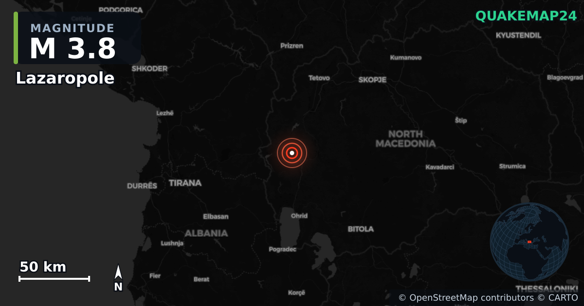 M3.8 earthquake near Lazaropole on Sep 11, 2025 — map of epicenter and shaking intensity | QuakeMap24
