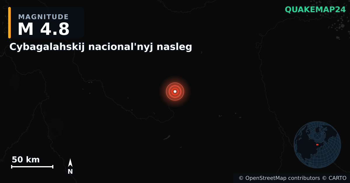 M4.8 earthquake near Cybagalahskij nacional'nyj nasleg on Jan 30, 2026 — map of epicenter and shaking intensity | QuakeMap24