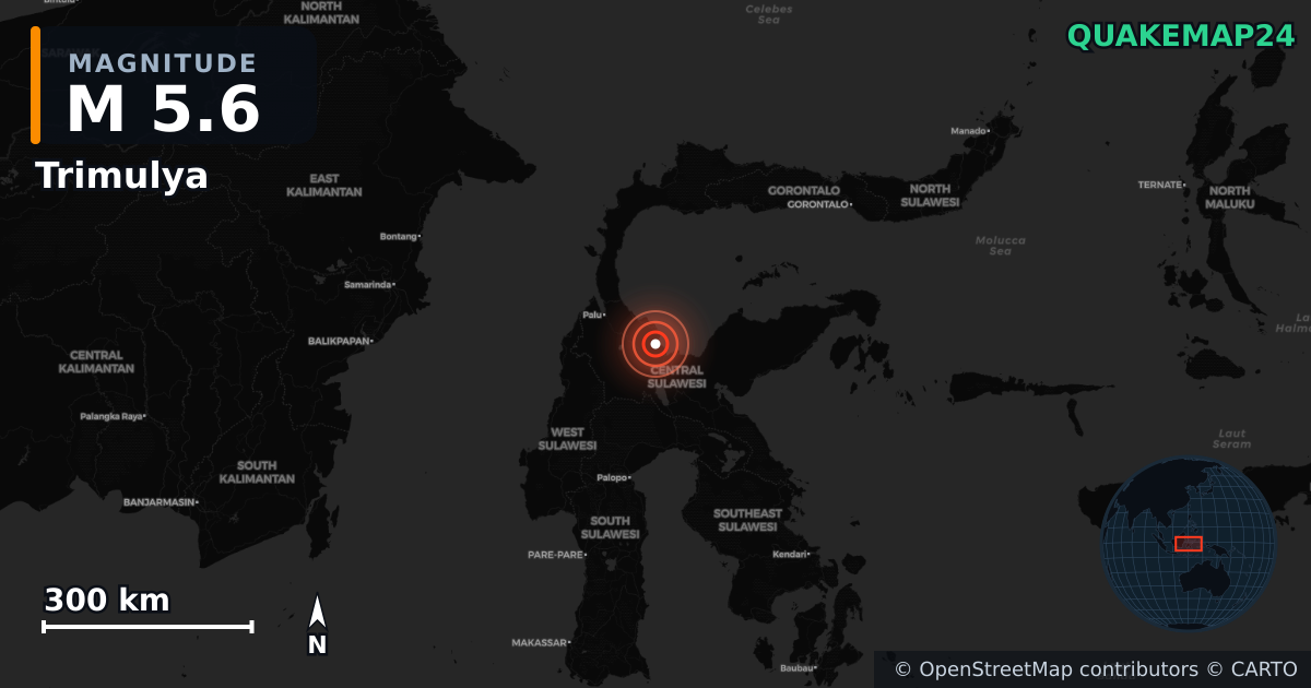 M5.6 earthquake near Trimulya on Aug 16, 2025 — map of epicenter and shaking intensity | QuakeMap24