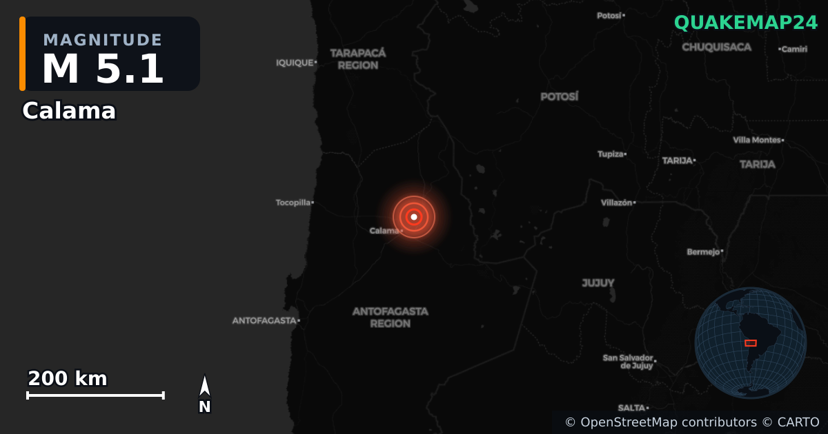 M5.1 earthquake near Calama on May 27, 2026 — map of epicenter and shaking intensity | QuakeMap24