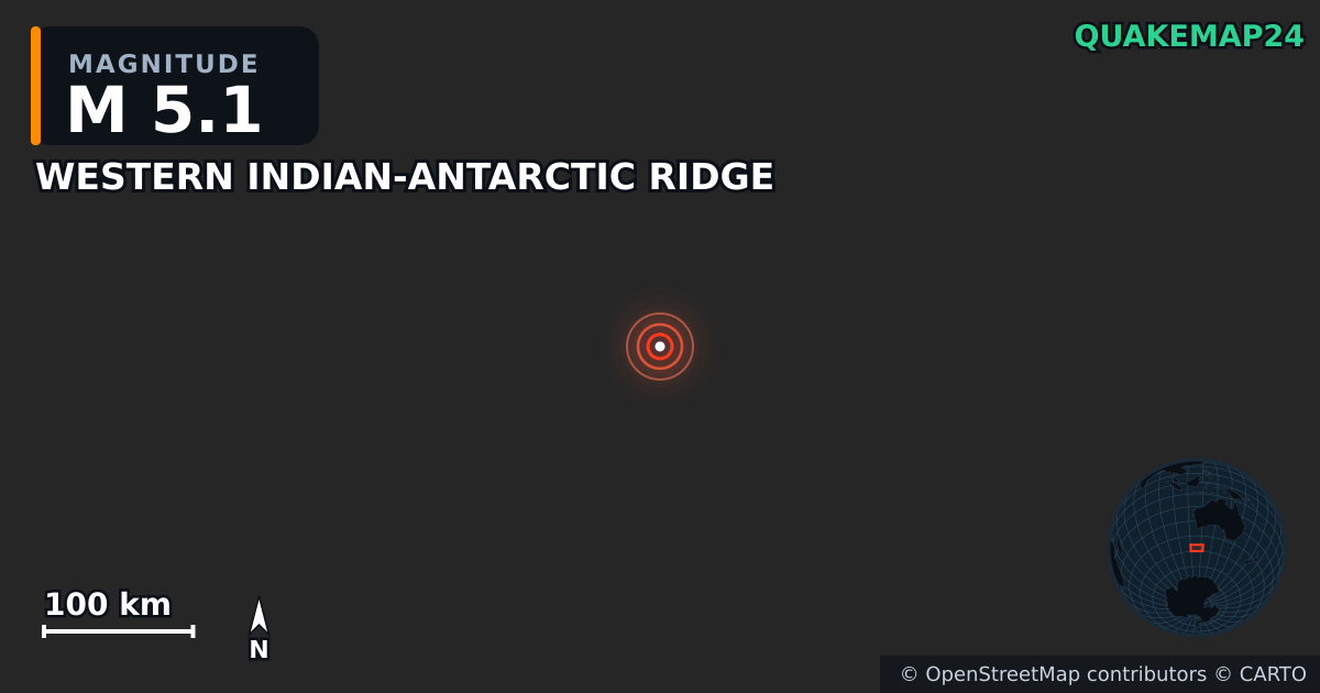 Σεισμός M5,1 κοντά στο WESTERN INDIAN-ANTARCTIC RIDGE — Χάρτης της θέσης του επικέντρου