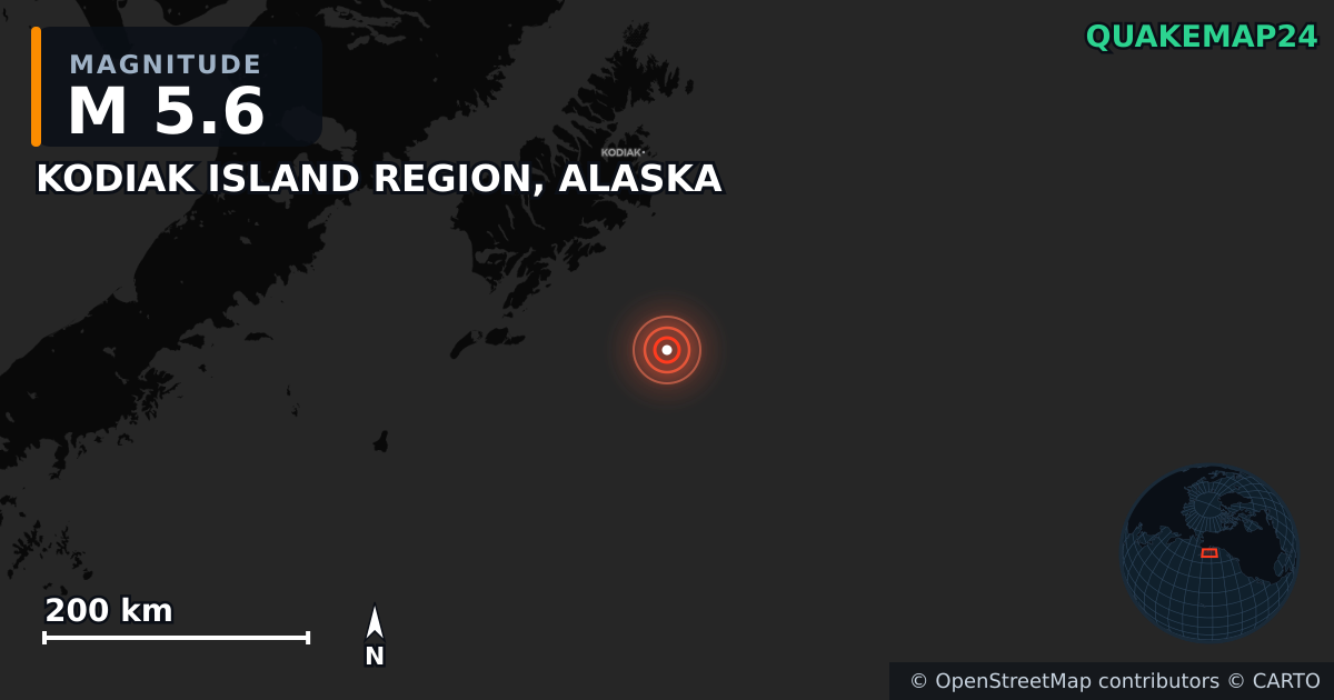 M5.6 earthquake near KODIAK ISLAND REGION, ALASKA on Sep 1, 2025 — map of epicenter and shaking intensity | QuakeMap24