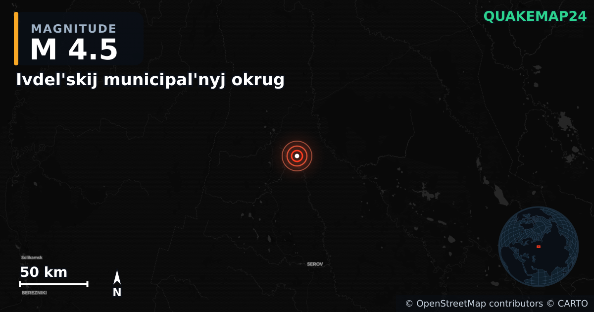 M4.5 earthquake near Ivdel'skij municipal'nyj okrug on May 5, 2026 — map of epicenter and shaking intensity | QuakeMap24