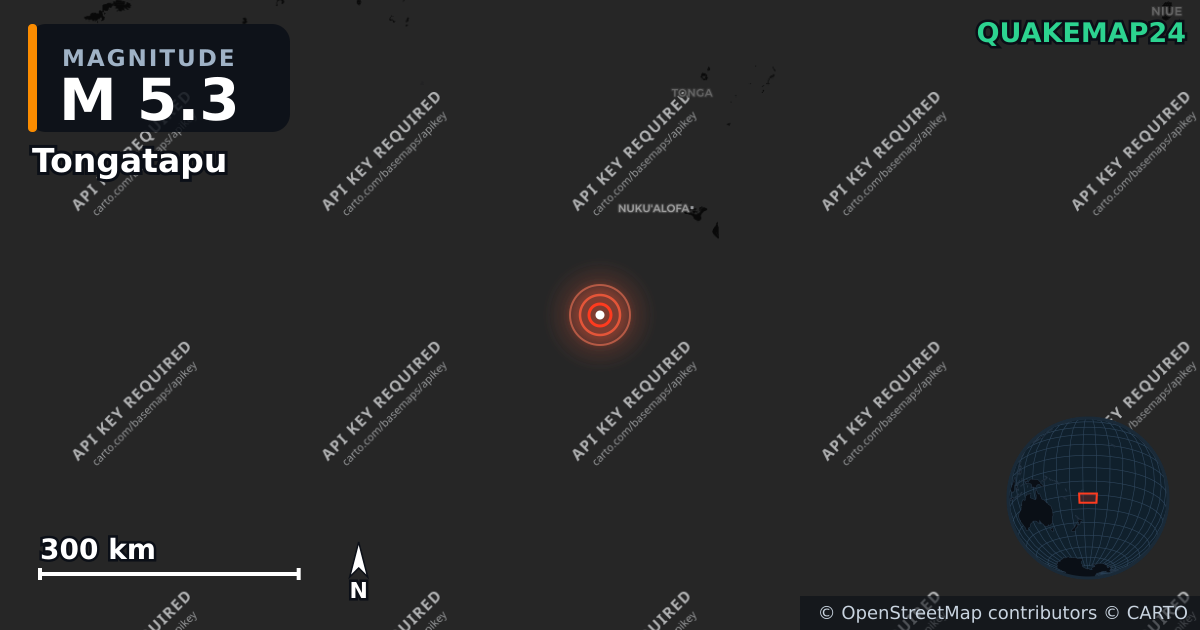 M5.3 earthquake near Tongatapu on Feb 22, 2026 — map of epicenter and shaking intensity | QuakeMap24