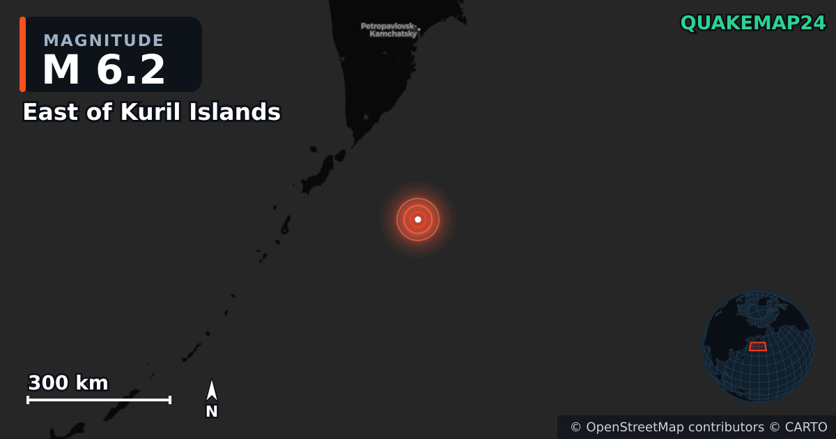 M6.2 earthquake near East of Kuril Islands on Jul 31, 2025 — map of epicenter and shaking intensity | QuakeMap24