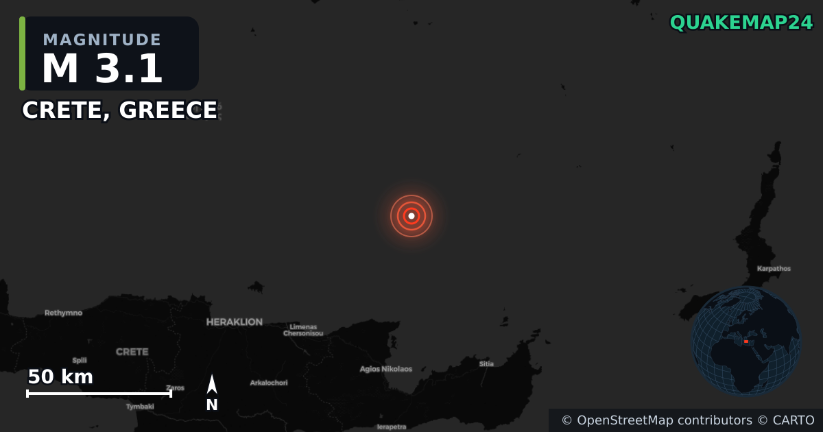 M3.1 earthquake near CRETE, GREECE on May 22, 2025 — map of epicenter and shaking intensity | QuakeMap24