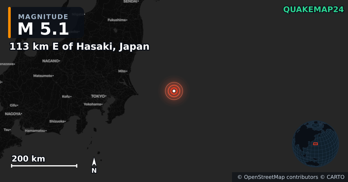 M5.1 earthquake near 113 km E of Hasaki, Japan on Jan 6, 2025 — map of epicenter and shaking intensity | QuakeMap24
