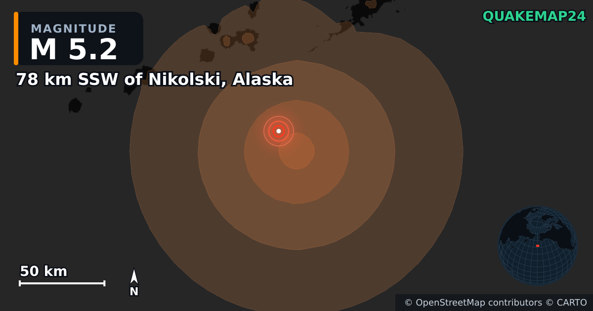 78 km SSW of Nikolski, Alaska yakınında M5,2 deprem — Deprem merkez üssünün konumunu gösteren harita