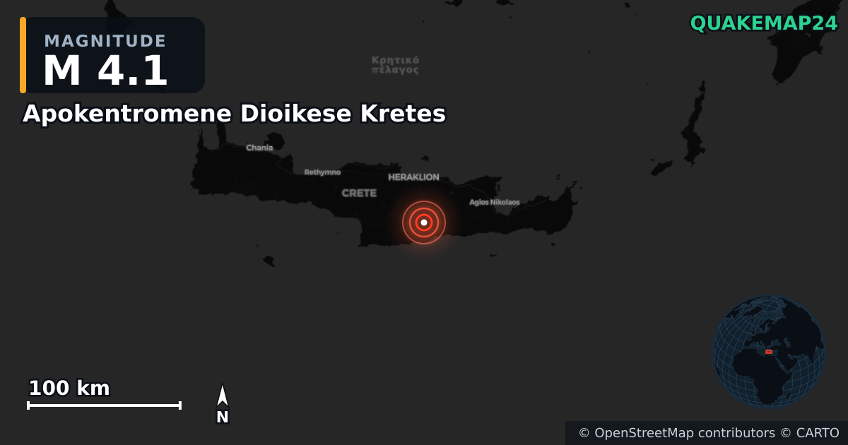 M4.1 earthquake near Apokentromene Dioikese Kretes on May 30, 2025 — map of epicenter and shaking intensity | QuakeMap24