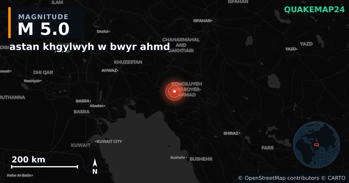 M5.0 earthquake near astan khgylwyh w bwyr ahmd on May 27, 2025 — map of epicenter and shaking intensity | QuakeMap24
