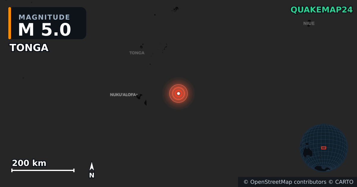 M5.0 earthquake near TONGA on Feb 1, 2026 — map of epicenter and shaking intensity | QuakeMap24