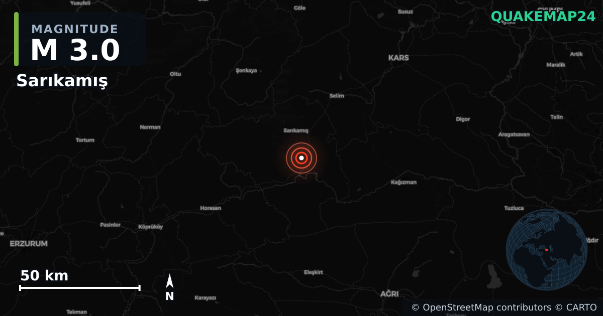 M3.0 earthquake near Sarıkamış on Aug 21, 2026 — map of epicenter and shaking intensity | QuakeMap24