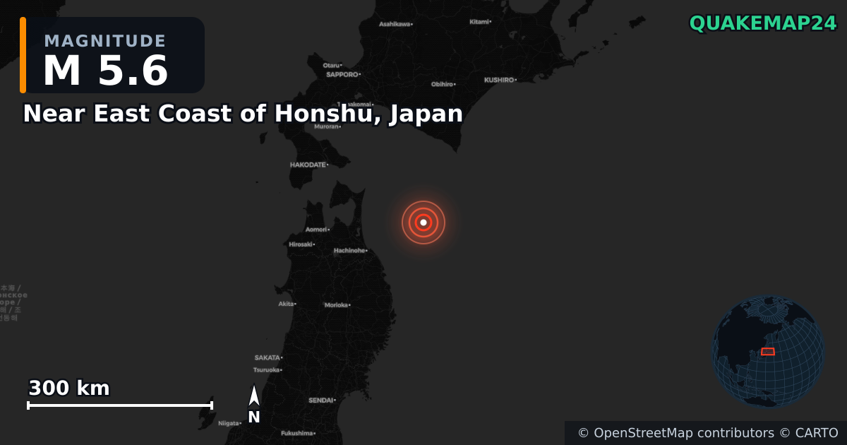 M5.6 earthquake near Near East Coast of Honshu, Japan on Dec 8, 2025 — map of epicenter and shaking intensity | QuakeMap24
