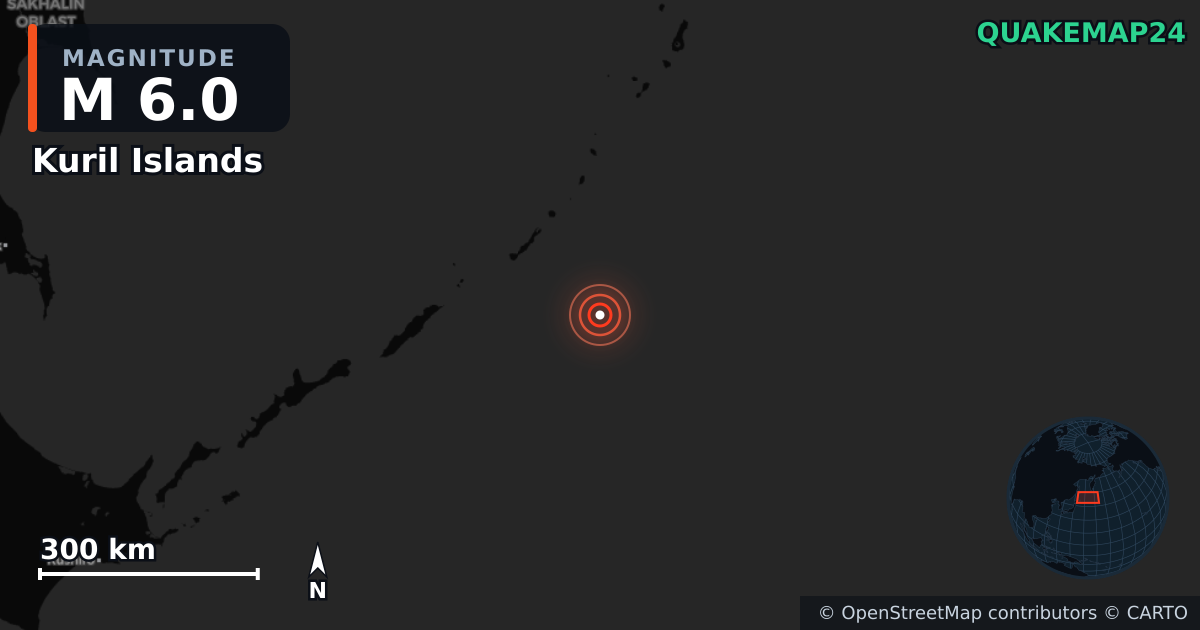 M6.0 earthquake near Kuril Islands on Jun 13, 2025 — map of epicenter and shaking intensity | QuakeMap24