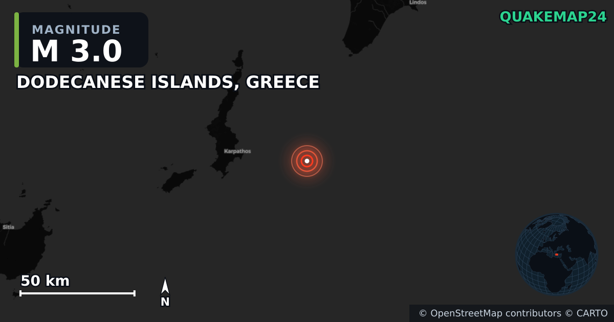 M3.0 earthquake near DODECANESE ISLANDS, GREECE on Jul 15, 2026 — map of epicenter and shaking intensity | QuakeMap24