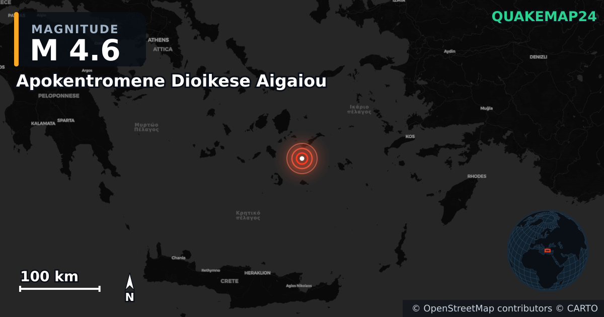 M4.6 earthquake near Apokentromene Dioikese Aigaiou on Jul 9, 2025 — map of epicenter and shaking intensity | QuakeMap24