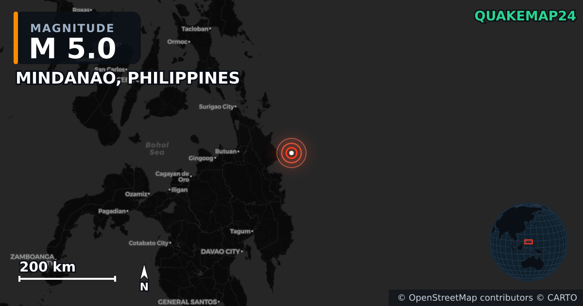 M5.0 earthquake near MINDANAO, PHILIPPINES on Apr 29, 2026 — map of epicenter and shaking intensity | QuakeMap24