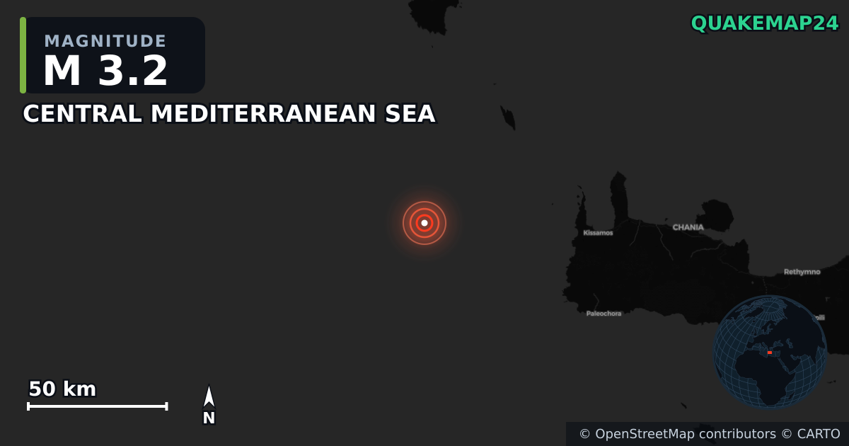 M3.2 Earthquake near CENTRAL MEDITERRANEAN SEA · 2025-11-11 — Map showing the location of the epicenter