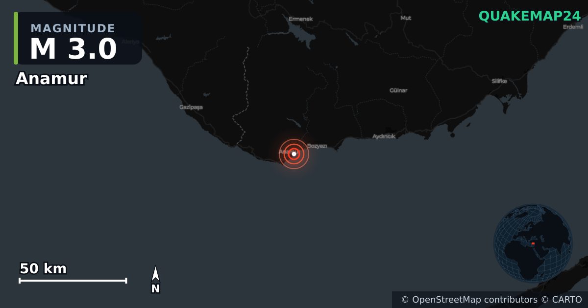 Terremoto de M3,0 cerca de Anamur (Turquía) · 2025-12-08 — Mapa de la ubicación del epicentro